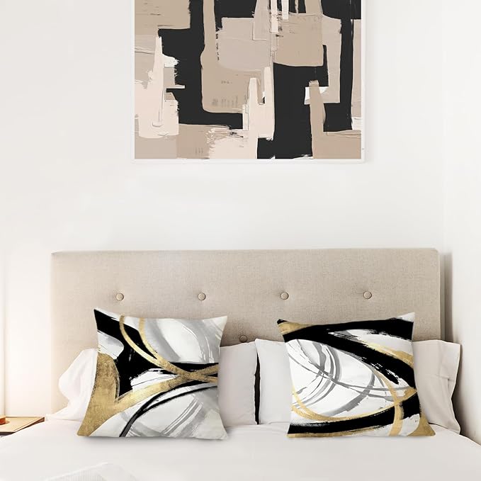Black White and Gold Pillow Covers, Abstract Black and Gold Pillow Covers 20x20 Set of 2, Modern Boho Home Decor, Black and Gold Decorative Throw Pillows Cover for Couch Living Room Bedroom