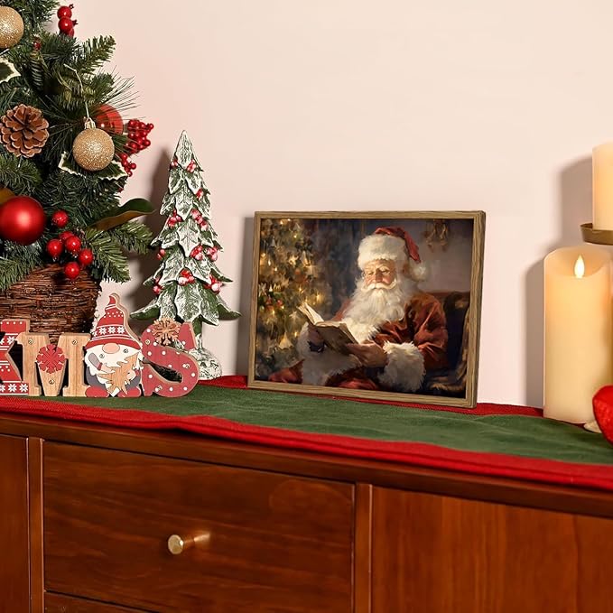 Framed Vintage Christmas Canvas Wall Art, Santa Claus Reading Book Paintings Wall Decor, Rustic Winter Holiday Pictures Prints for Living Room Bedroom Home Decoration 12×16 inch