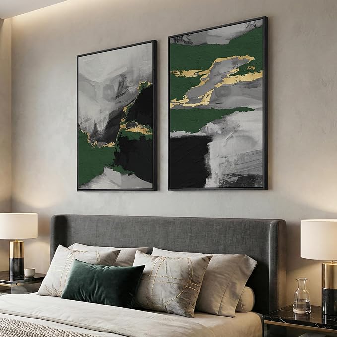 Large Framed Green Abstract Wall Art, 2 Piece Modern Canvas Prints Paintings, Black and Gray Pictures with Gold Accents for Living Room Hallway Dining Room Bedroom Office Wall Decor 24x36 In
