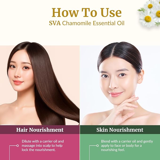 SVA Chamomile Essential Oil 1/3 Fl Oz – for Diffuser, Skin & Hair Care – Ideal for Massage & DIY Blends