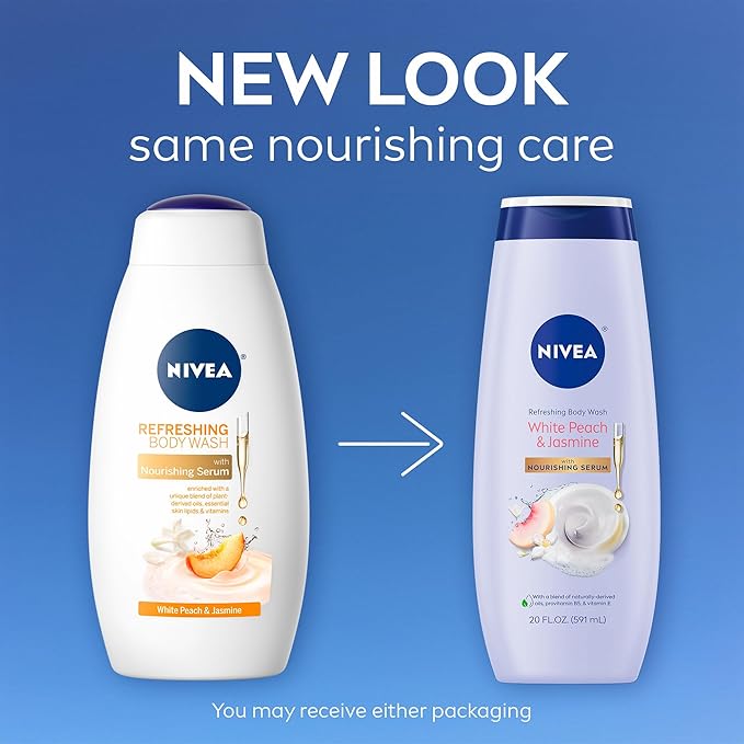 NIVEA Refreshing White Peach and Jasmine Body Wash with Nourishing Serum, Scented Body Wash for Women, Enriched with Provitamin B5 and Vitamin E, 20 Fl Oz Bottle, (Pack of 2)