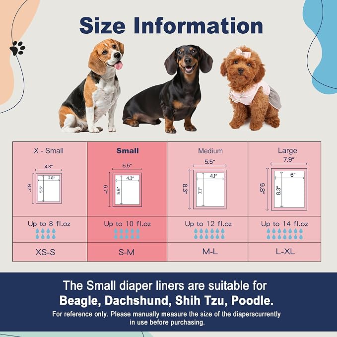 Dog Diapers Liners, 150 Ct, Super Absorbent Booster Pads for Male Dog Wraps and Female Dog Diapers, Lnnovative Hook-and-Loop Tape Design, Super-fit & No Shifting, Small Dog Diaper Pads