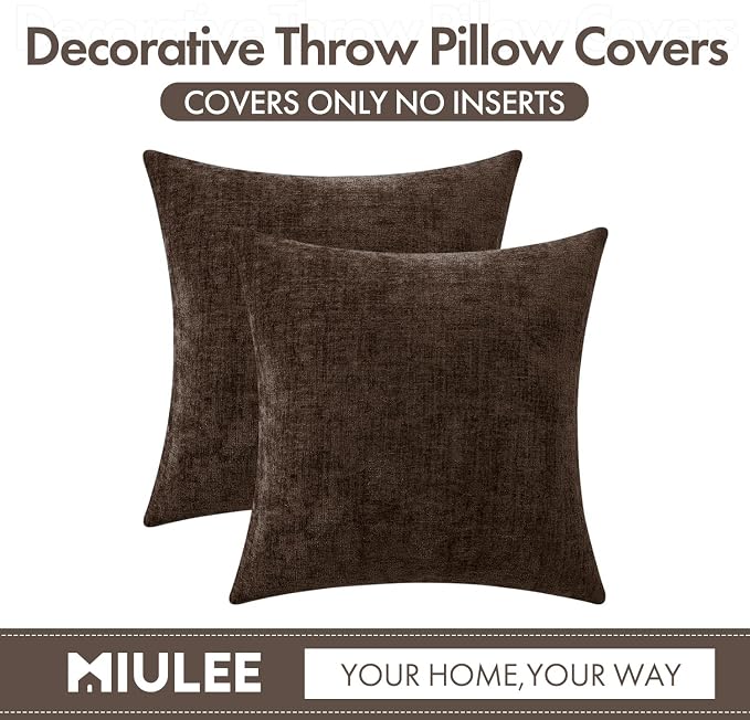 MIULEE Chenille Fall Throw Pillow Covers Chocolate Brown 16x16 Pack of 2 | Soft Modern Fall Decor, Classic Decorative Pillows, Solid Dyed Cases, Couch Cushion Covers for Sofa Bed Living Room