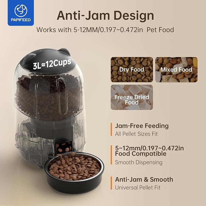 PAPIFEED Automatic Cat Feeder with App, WiFi Auto Cat Feeder, 3L Slow-Feed Cat Food Dispenser for Dry Food, Dual Power Supply Timed Pet Feeder for Small Dog, 10 Meals/Day, 6 Portions/Meal