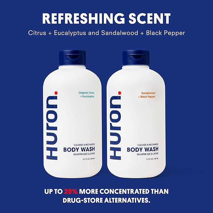 Huron Body Wash for Men and Women Hydrating Daily Cleanser with Sandalwood + Amber Scent, Moisturizing Shower Gel, non-toxic, Phthalate-Free Clean Ingredients for Men, 11.3 Fl oz