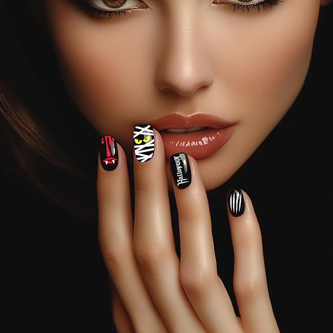 Arbuya Halloween Nail Art Stamping Plates Set of 3 - Mummy, Pumpkin, Bats, Skull, Blood Drops & French Tips - Stainless Steel Manicure Art Tools for DIY Print Manicure Salon Design Gift Supplies
