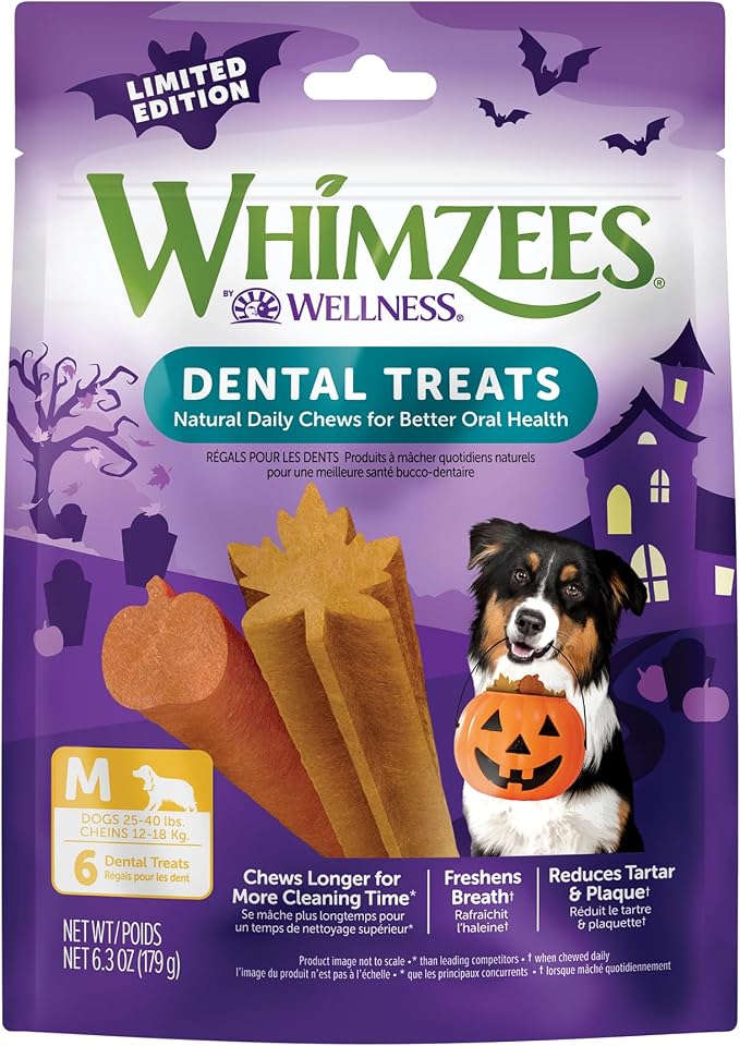 Wellness WHIMZEES Fall Natural Dog Dental Treat, Autumn Halloween Seasonal Gift, Chews, Freshens Breath, Medium Size, 6.3 oz Bag, 6 Count