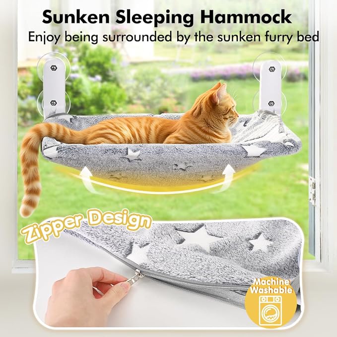 Zoratoo Glow in the Dark Cat Window Perch, Foldable Cordless Pet Hammock, L | Glowing Stars Fabric, Sturdy Metal Frame, Removable for Machine Wash, Comfortable Sunken Design Resting Seat for Indoor Cats