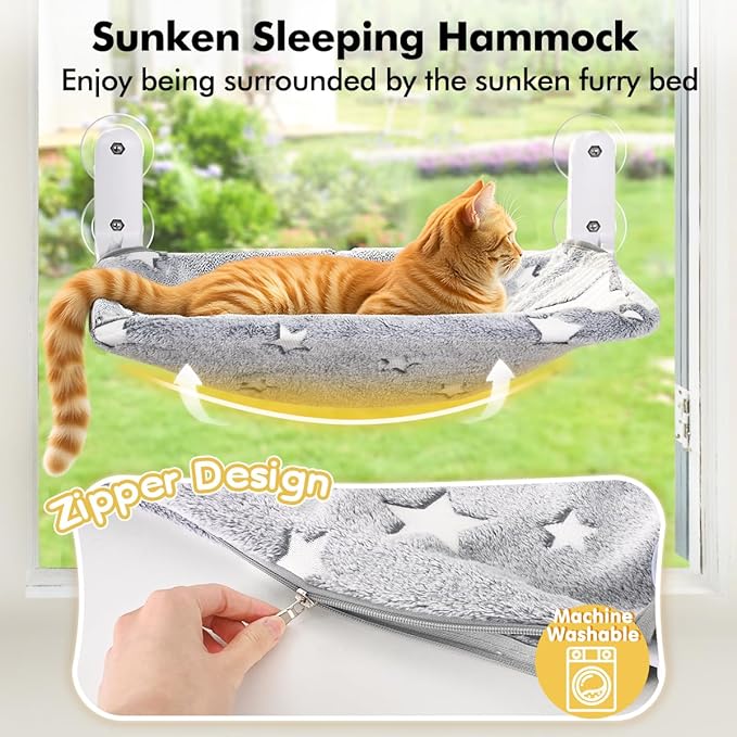 Zoratoo 2PC Glowing Star Cat Window Perch, Foldable Cordless Pet Hammock, M | Glow in the Dark Fabric, Sturdy Metal Frame, Removable for Machine Wash,Comfortable Sunken Design Resting Seat for Indoor Cat