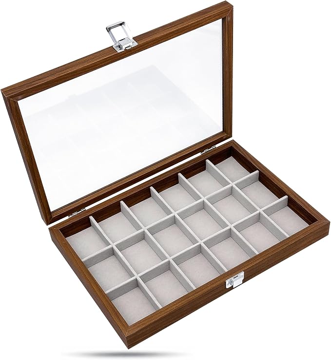 Wooden Travel Jewelry Box w. Tempered Glass Display Lid - Earrings Storage - 18-Compartments Velvet Organizer (Dark Oak) by The Display Guys