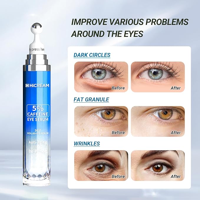 Eye Cream with 5% Caffeine Hyaluronic Acid, Eye Serum with 360° Roller Massage Ball for Puffy, Fine Lines, Dark Circles and Wrinkles, Under eye Treatment Serum for Women & Men
