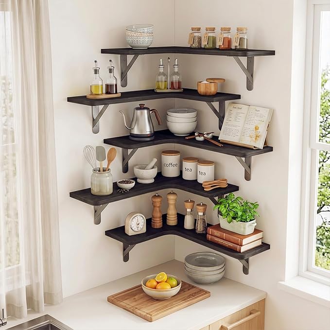 Fixwal Conner Shelves Wall Mounted for Decor, Black Set of 5 | Solid wood shelf with metal brackets, holds 40 lbs. Optimizes corner storage. Fits bathroom, kitchen, bedroom & living room.