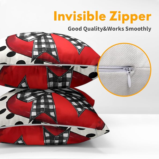 Kawani Valentines Throw Pillow Covers Set of 2, 22x22 Inch Polka Dots Red Love Heart Romantic Decorative Cotton Linen Couple Pillowcases for Couch Sofa Bedroom Livingroom Wedding Decor