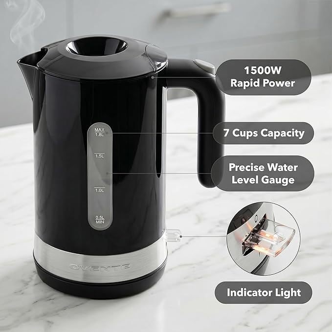 OVENTE 1.8L Electric Kettle, 1500W Fast Boiling Heater for Coffee or Tea, BPA Free, Easy to Fill Lid, Water Level Window, Auto Shut-Off, Boil-Dry Protection and Removable Filter, Black KP413B