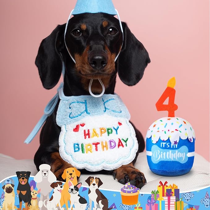 Dansydaisy Dog Birthday Cake Toy Squeaky Plush Gift,4th,Blue