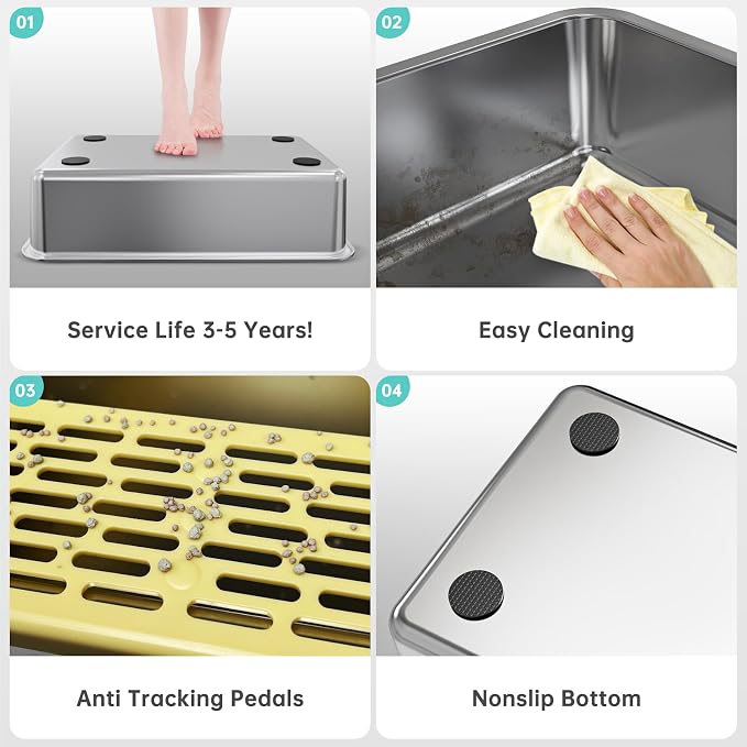 Stainless Steel Cat Litter Box, XL High Sided Open Top Litter Pan, 1 Scoop | Extra Large Litter Box for Big Cats, High Sides, Anti-Urine Leakage, Non-Stick, Odor-Free, Easy Clean, Reduce Litter Tracking