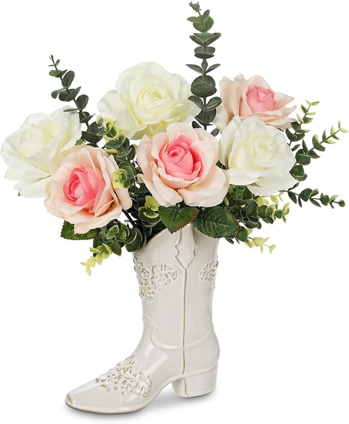 Artificial Flower Plant in Ceramic Cowboy Boot Vase Faux Floral Decor