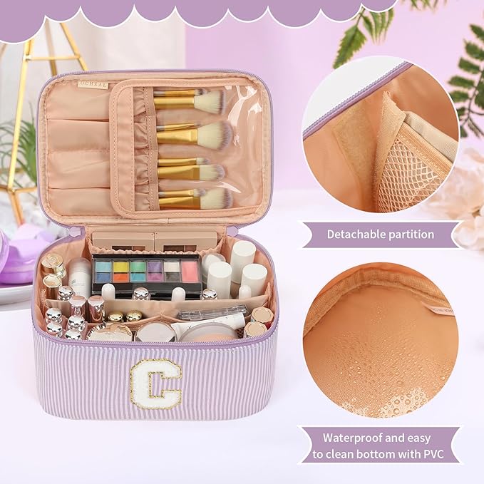 OCHEAL Makeup Bag Valentines Day Gifts for Women, Monogram Cosmetic Bag Purple Travel Makeup Case Beauty Toiletry Bag Organizer Personalized Gifts for Girls Bridesmaid, Sister, Wife, Friends Initial C