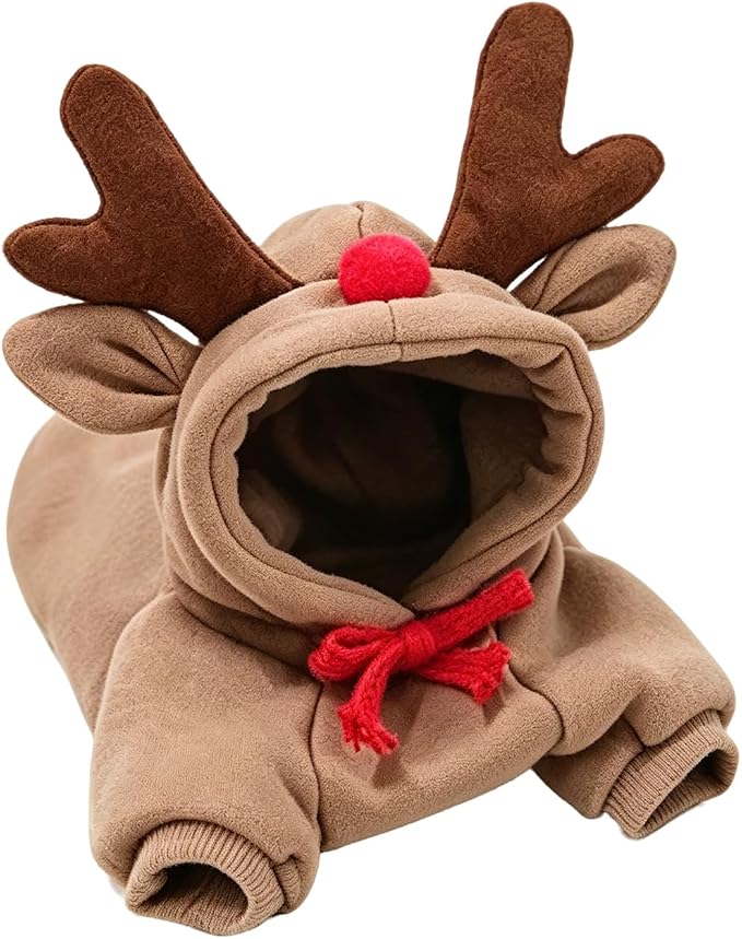 Warm Dog Winter Clothes Cute Reindeer Dog Coat Hoodie, Coffee, L | Reindeer Design Fleece Pet Dog Costume Jacket for French Bulldog Chihuahua Pug Boston Terrier Dachshund Ropa Para Perro