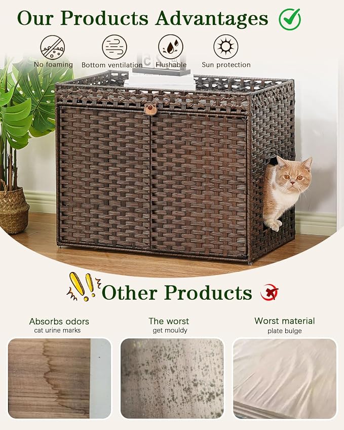 SETVSON Cat Litter Box Enclosure Furniture, Handwoven PE Rattan, Brown | Large Double-Door PE Rattan Kitty House, Fits Large Covered Litter Boxes, 2 Litter Mats, 2 S-Hooks, Metal Frame
