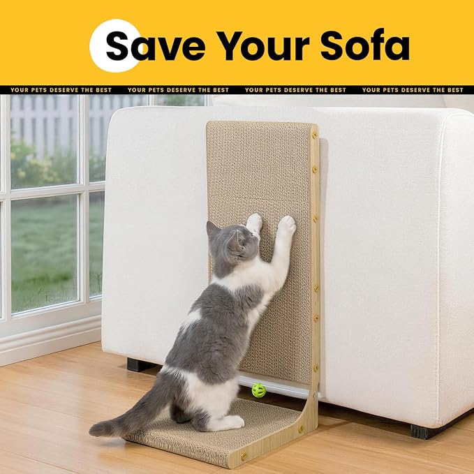 Conlun Cardboard L Shape Cat Scratcher 22"(2 Pack) | Vertical Wall-Leaning Scratching Board & Cosy Lounge Bed, Sofa Protector with Bell Toy,Wood Grain，Medium