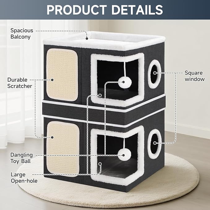 Shikha 2 Story Cat House beds for Indoor Cats with Scratch Pads Black | 2 in 1 Dual Use Double Cat Bed Cave for Multiple Pets Kitten, Elevated Perch for a Wide View, All Season Reversible Cushion