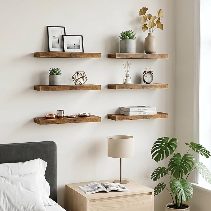 Fixwal Floating Wall Shelves for Decor (Rustic Brown, Set of 6, 15.7 Inch) | MDF Shelves with Metal Brackets, Space Saving for Books, Decor, Works in Bathroom, Kitchen, Living Room, Bedroom