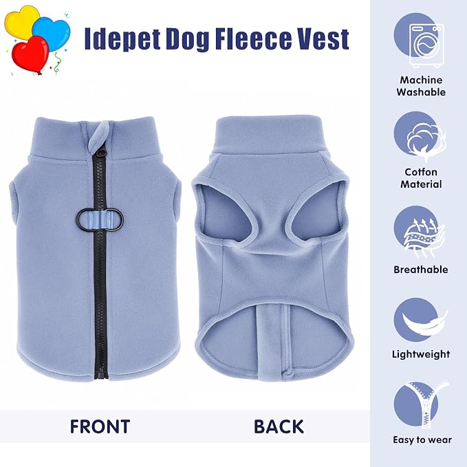 Idepet Dog Fleece Vest Sweater Zip Up Warm Pullover Dogs Jacket with D-Ring Leash Winter Cold Weater Coat Pet Sweatershirt Clothes Hoodie for Small Medium Dogs Boy Girl(Sky Blue,XXS)