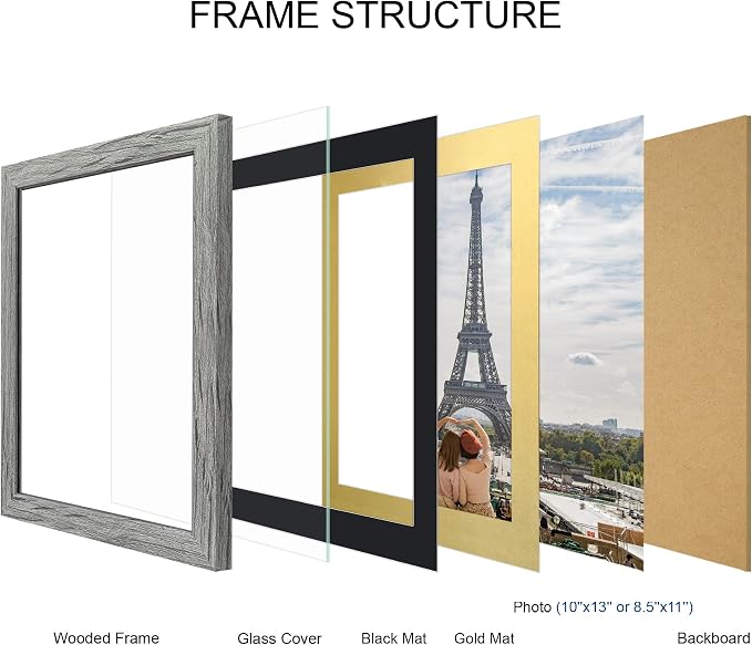 Hongkee 10x13 Picture Frame Set of 4, Made of Real Glass and Grey Frame, 10 by 13 Photo for Wall or Tabletop - Display Picture 8.5x11 with Mat or 10x13 Without Mat