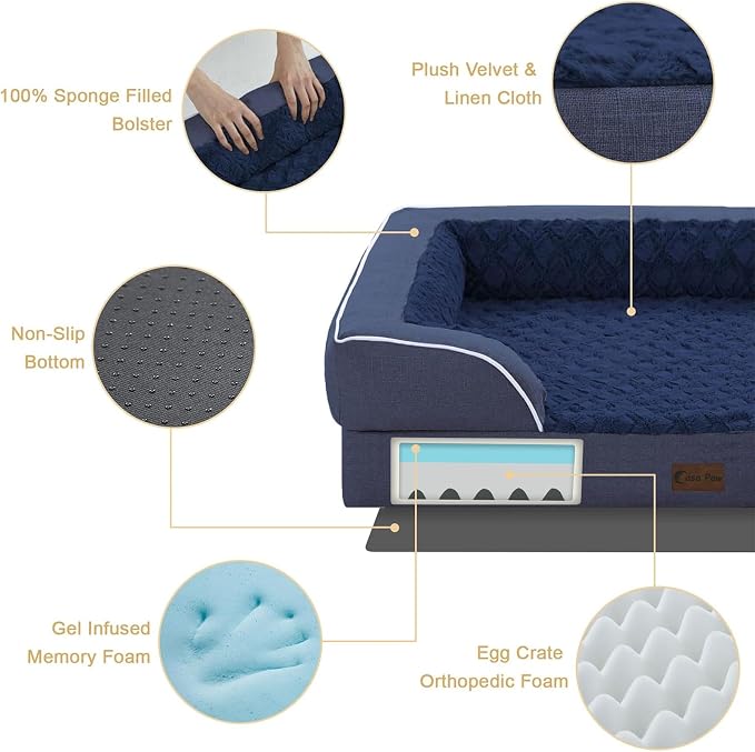 Orthopedic Dog Bed for Extra Large Dogs, 42x30in, Navy Blue | Orthopedic Foam Relieves Joint Pressure, Bolsters Supports Head And Neck, Washable Cover, Non-Slip Bottom
