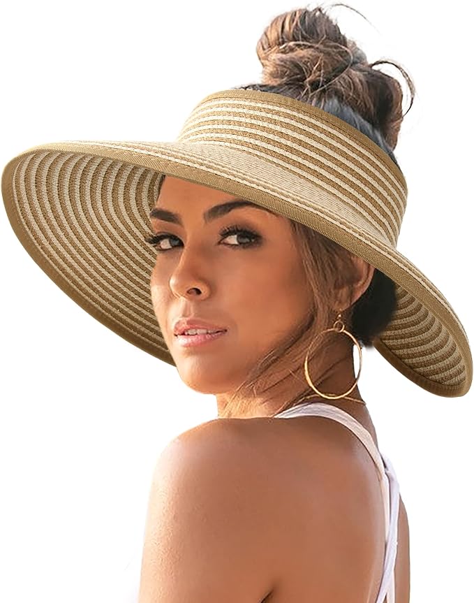 FURTALK Womens Sun Hat with Ponytail Hole Wide Brim Beach Straw Visor | Foldable & Packable for Beach Vacations, Adjustable Fit for Messy Buns, Detachable Windproof Strap, Sweat-Wicking Inner Band