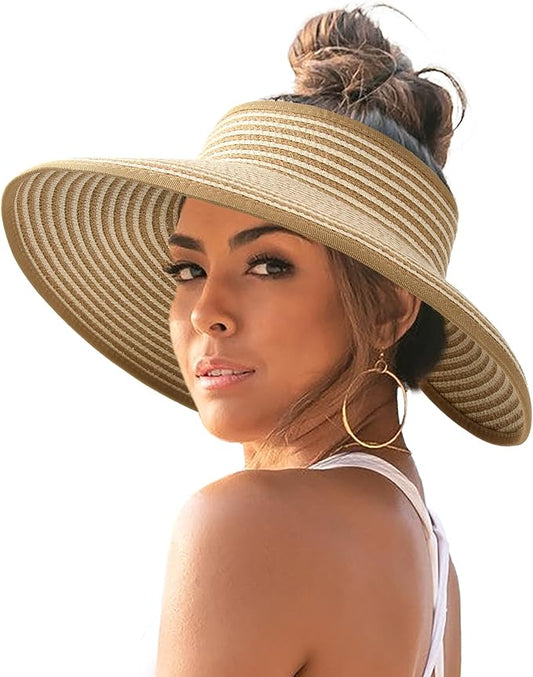 FURTALK Womens Sun Hat with Ponytail Hole Wide Brim Beach Straw Visor | Foldable & Packable for Beach Vacations, Adjustable Fit for Messy Buns, Detachable Windproof Strap, Sweat-Wicking Inner Band
