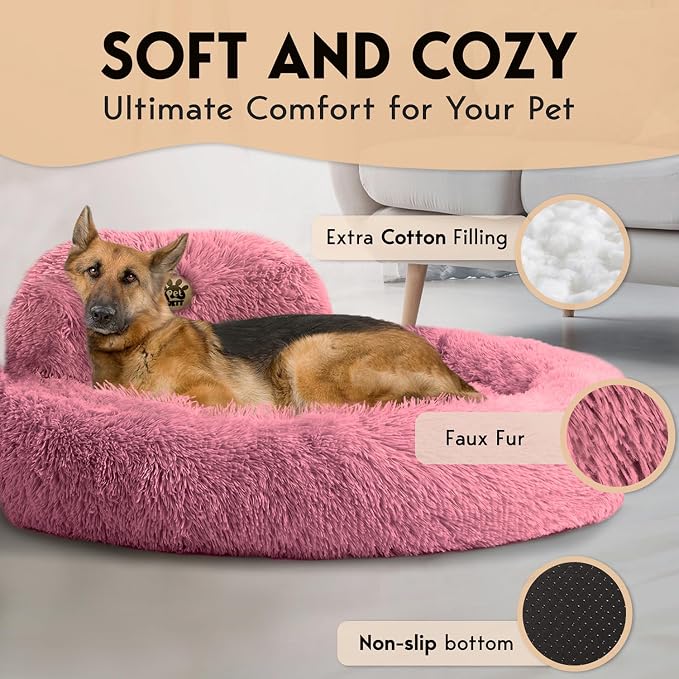 PetJett XL Dog Beds for Large Sized Dog - 45'' Extra Large Dog Bed, Anti-Slip & Washable Super Soft Round Donut Bed, Fluffy Faux Fur Anti-Anxiety Premium Comfort Pet Bed, Fits Dogs up to 120 lbs