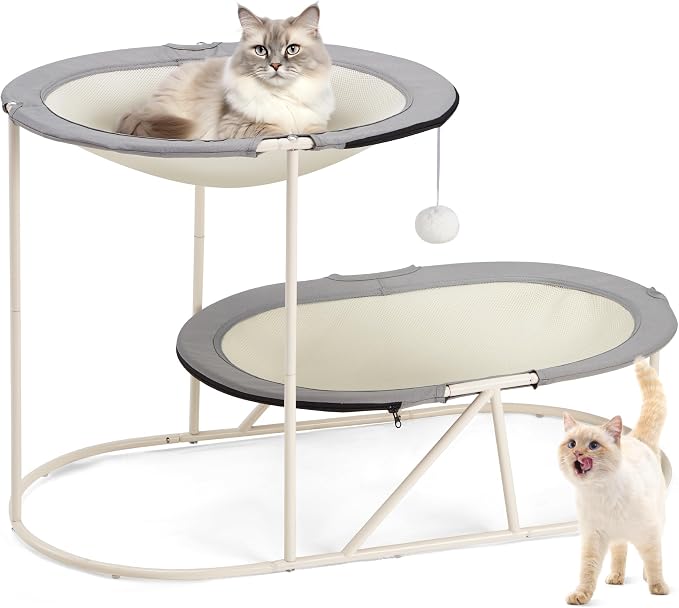 Erinnyees 2-Tier Elevated Cat Hammock Bed, Breathable Oxford for Multi-Cat Households, with Removable Washable Mesh, Sturdy Triangular Base & Steel Frame, Mesh Pet Furniture for Indoor & Outdoor Use