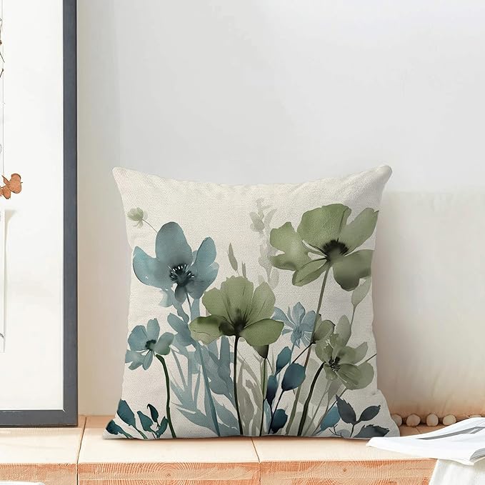 Floral Pillow Covers 20x20 Inches Set of 2 Sage Green Blue Floral Throw Pillow Covers Outdoor Rustic Spring Summer Flower Decoration Pillowcase Farmhouse Decorative Cushion Cover For Home Sofa