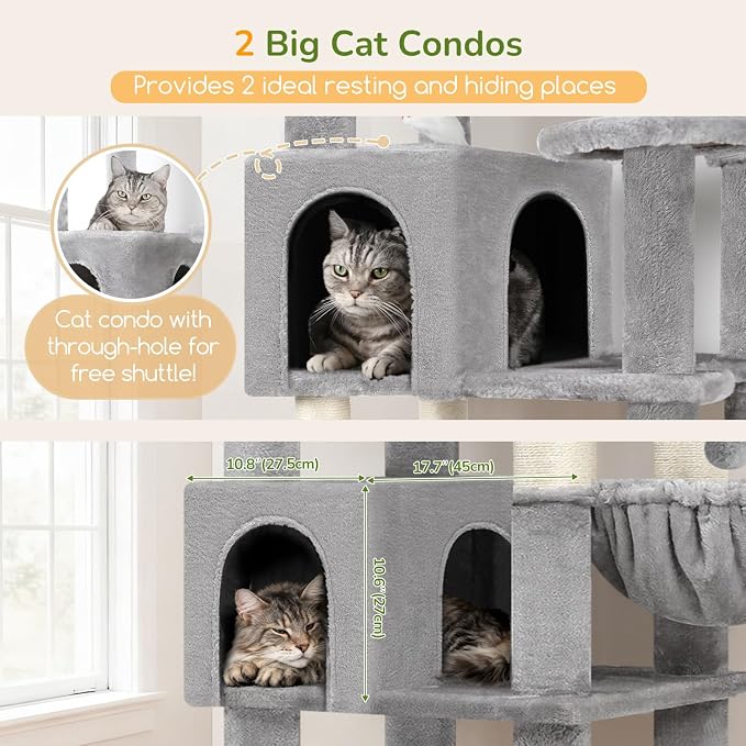 Globlazer Extra Large Cat Tree Tower, 82in Tall Heavy Duty Cat Tree for Indoor Cats Large Adult Big Cat Tower with 8 Scratching Posts, 2 Cat Condos, 2 Top Perches, 3 Hanging Baskets, S82, Light Grey