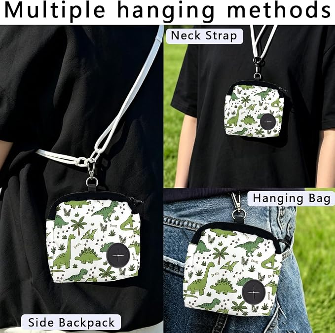 Cute Dog Treat Pouch 5.12 x 4.72 Inch Clip on Pet Treat Bag Cartoon Dinosaur Pattern Polyester Portable Snack Reward Dog Food Dispensers with 1 Roll Garbage Bags for Traveling Outdoor Use