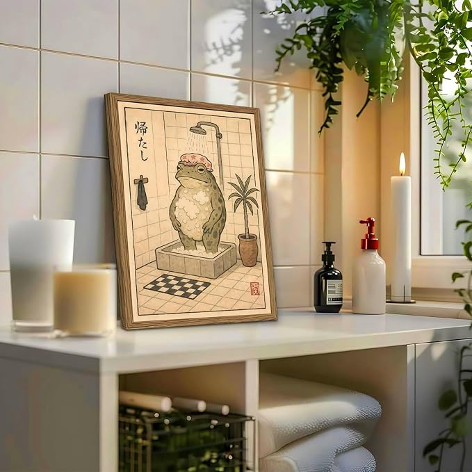Funny Japanese Frog Bathroom Wall Art Whimsical Frog Shower Wall Decor 16x24 inch Wood Framed, Eclectic Japan Animal Bathroom Poster Painting Canvas Prints Aesthetics