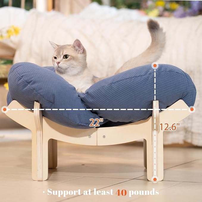 Elevated Cat Bed for Indoor Cats Couch Sofa Flower | Pet Beds with Washable Cushion, Stable Wooden Frame, Raised Cat Hammock & Furniture for Kitty & Puppy All-Season(Deep Blue)
