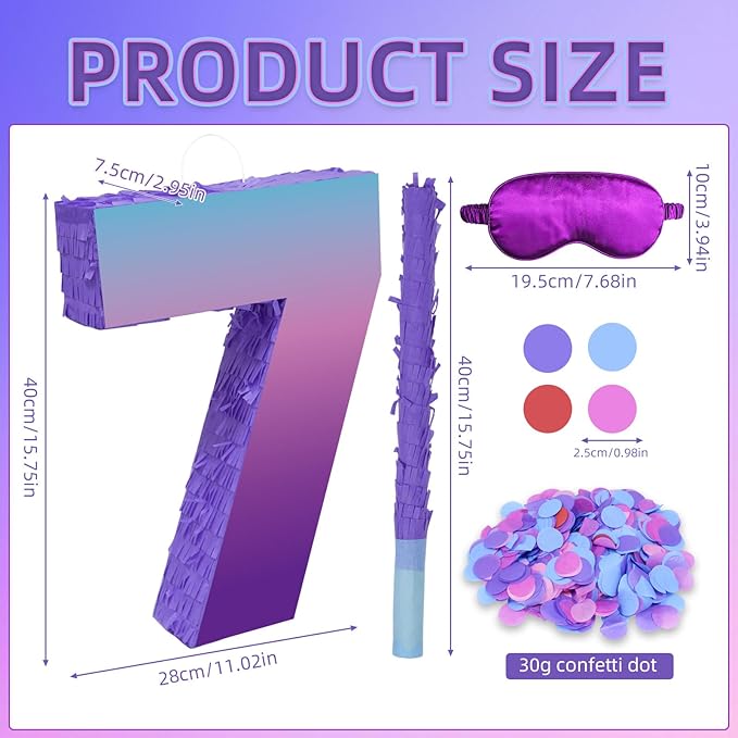 Purple Birthday Party Decorations, Purple Number 7 Pinata with Stick Blindfold Confetti for Girls Boys 7th Birthday Activity Game Gift (15.7 x 11.5 x 3 In)