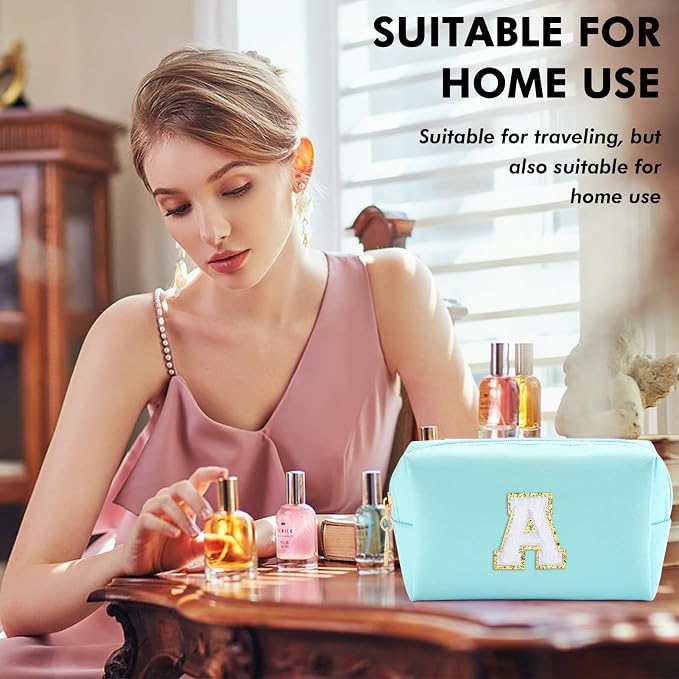 URSKYTOUS Gifts for Girls Initial Makeup Bag Personalized Cosmetic Bag with Zipper Cute Travel Toiletry Bag Waterproof PU Preppy Makeup Pouch Birthday Gift for Teen Girls Women(Blue A)