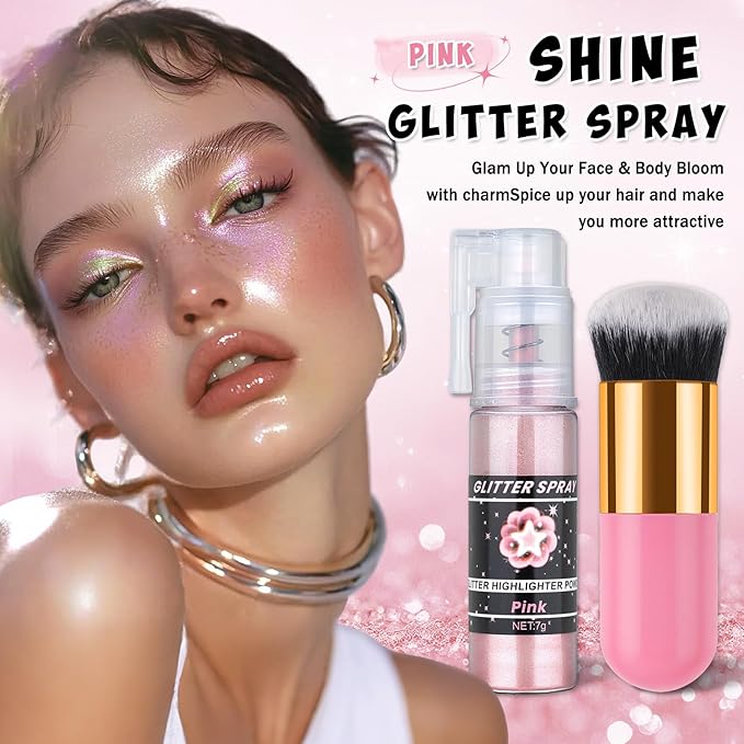 AWCCXMYM Body Glitter Spray Sparkle Hairspray Highlighter Glitter Shiny Spraay for Hair and Body,Face Glitter Powder for Halloween,Christmas,Concert Accessories Party Body Makeup(Pink)