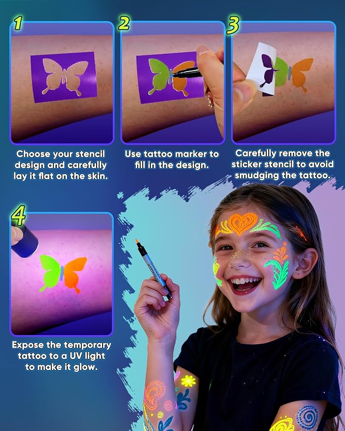 Temporary Tattoo Markers for Skin, 20 Pcs Dual-Tip UV & Matte & Glitter Tattoo Pens, Skin-Safe Body Markers with Tattoo Stencils & Stickers, Washable Glow in the Dark Markers for Kids Teens
