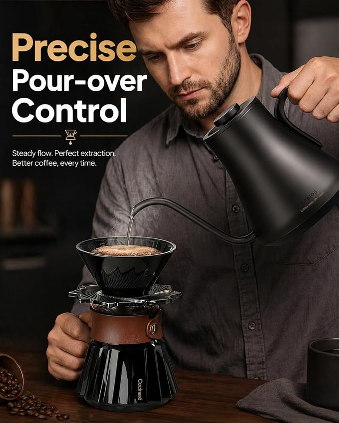 Cocinare Gooseneck Electric Kettle, ±1°F Precise Temperature Control, 1500W Fast Heating, Pour Over Coffee & Tea Kettle with Brew Timer & Keep Warm, Stainless Steel, 0.9L (Matte Black)