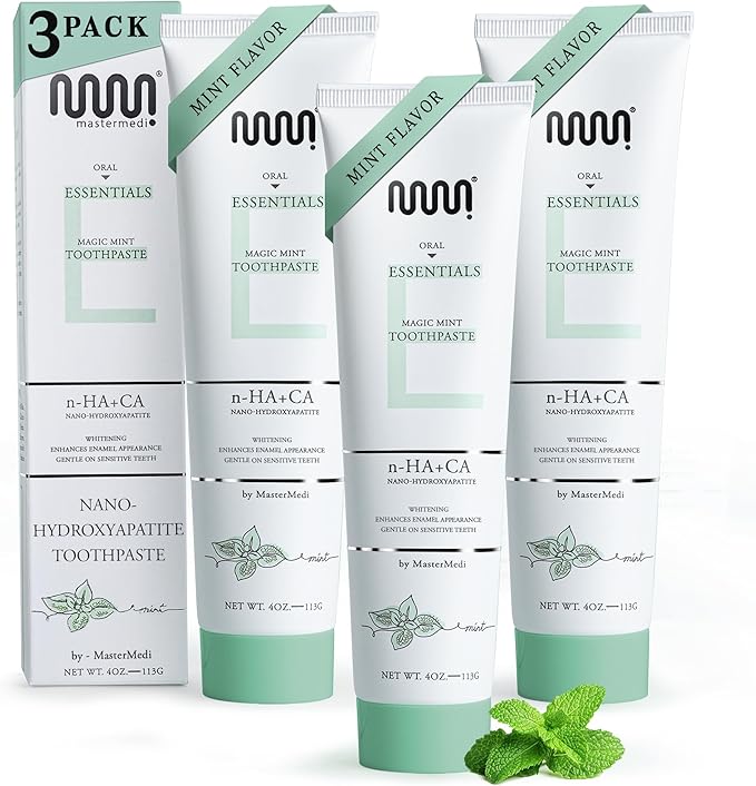 MasterMedi Nano Hydroxyapatite Toothpaste with Xylitol – Fluoride & SLS Free, Remineralizing Formula for Whitening, Sensitive Teeth, Enamel Repair & Strength, Magic Mint, 4 oz (Pack of 3)