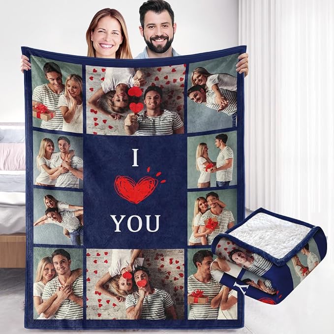 Ships Next Day, Custom Sherpa Fleece Blanket with Photos Text Soft Warm Custom Blanket Personalized Couples Gifts for Boyfriend Girlfriend Customized Picture Blanket Gifts for Christmas Valentines Day