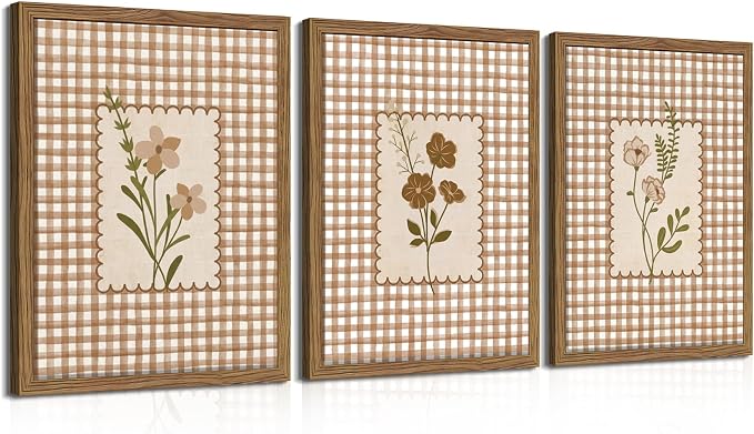 Framed Vintage Floral Wall Art Set of 3, Neutral Wildflower Botanical Canvas Wall Decor Paintings, Cottagecore Gingham Flower Posters Prints Pictures for Living Room Bedroom Bathroom 12x16 Inch