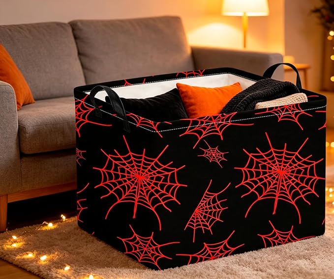 CLOCOR Rectangular Storage Basket Empty,Gift Basket,Waterproof Storage Bin with Handles,Room Decor(Red Spiderweb)