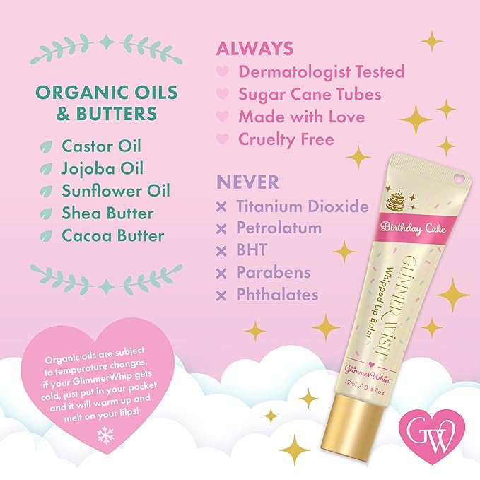 Glimmer Wish Glimmer Whip Hydrating Lip Balm – Moisturizing Lip Care with Organic Oils & Butters – Vegan Lip Moisturizer (Birthday Cake)