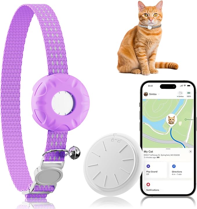 Cat Tracker, GPS Tracker, Compatible with Apple Find My App(Only iOS), Waterproof Cat Tracker Collar with Bell and Safety Elastic Buckle, No Monthly Subscription Fee, Up to 1-Year Battery, Purple